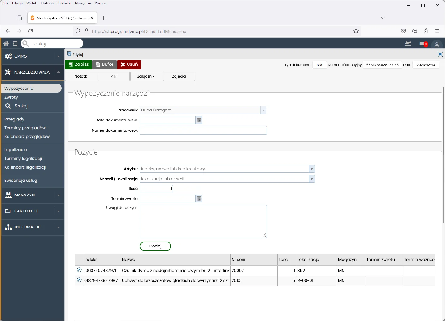 Studio TCS.net moduł Narzędziownia dokument wypożyczenia narzędzi