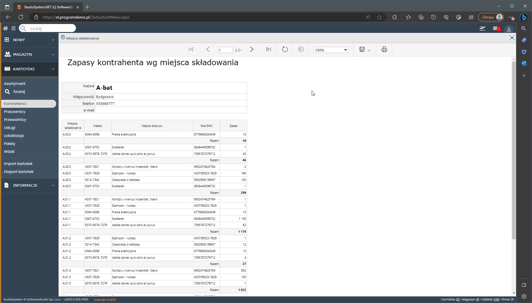 Kartoteki kontrahentów zapasy wg miejsca składowania