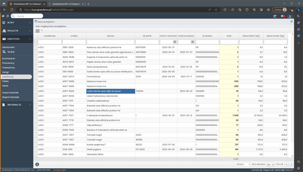 Kartoteki miejsce składowania Stany szczegółowo