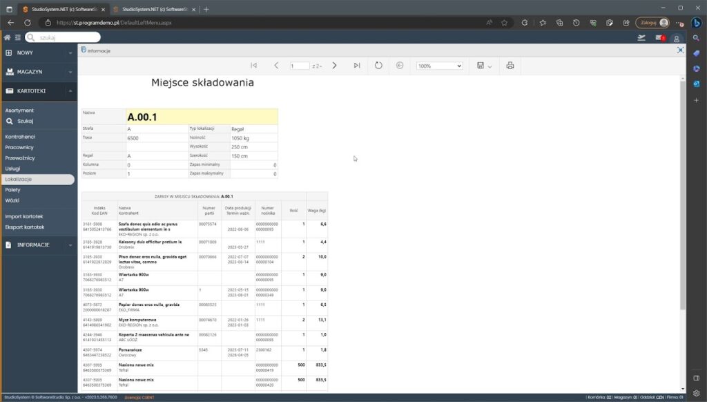 Kartoteki miejsce składowania podgląd szczegółowe informacje