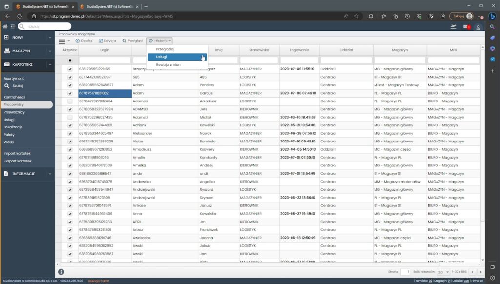 Kartoteki pracowników magazynu historia wykonywanych czynności