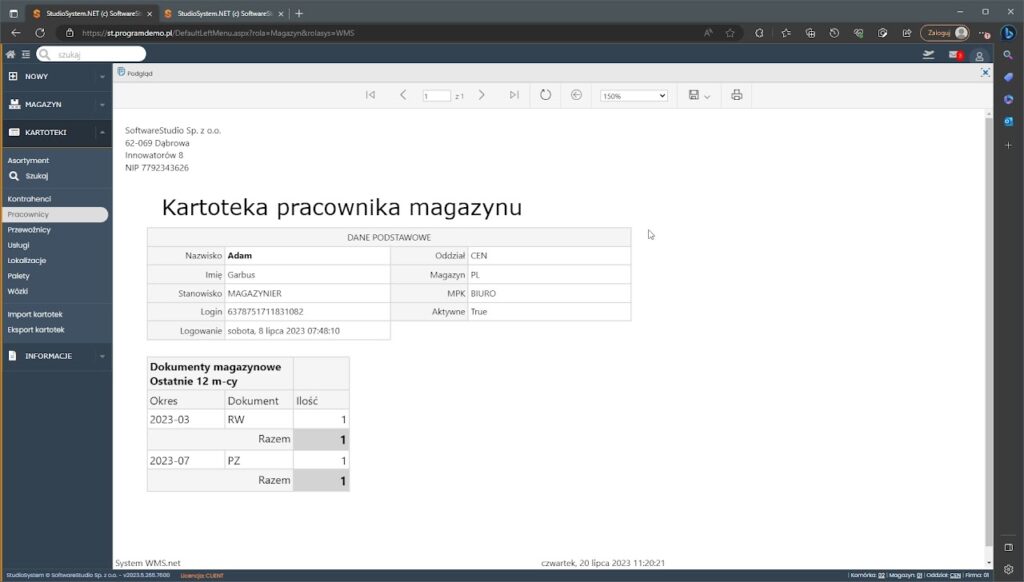 Kartoteki pracowników magazynu podgląd szczegółów
