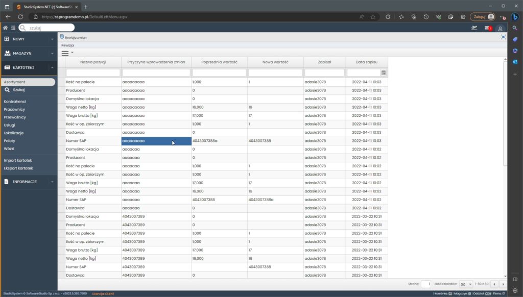 Kartoteki towarowe historia rewizja zmian