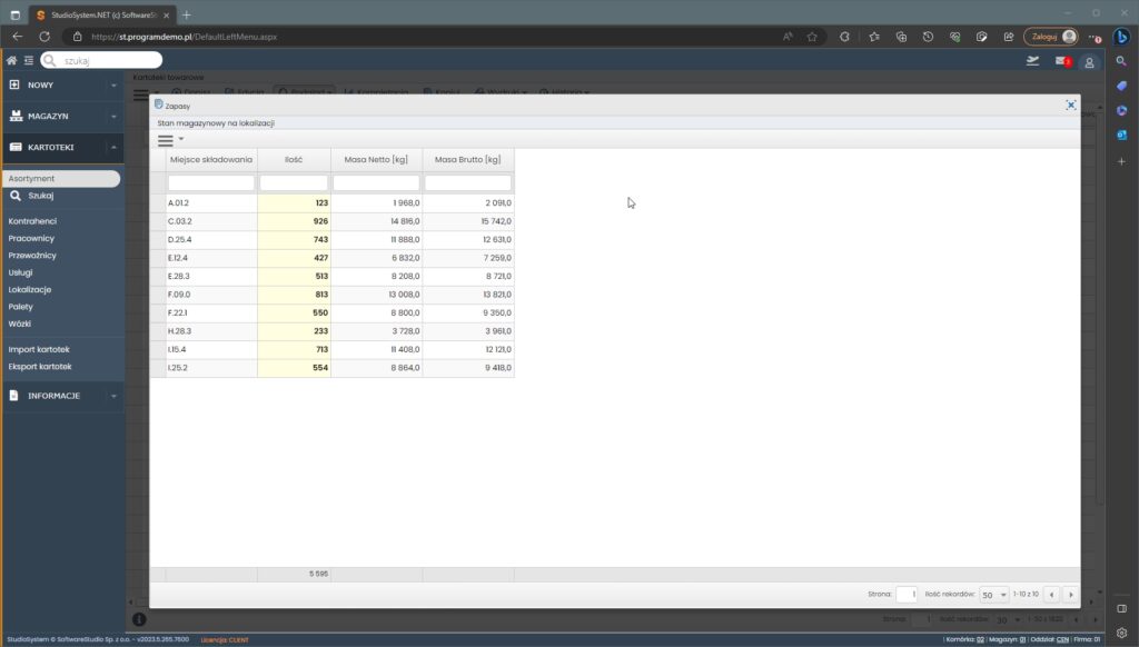 Kartoteki towarowe stan magazynowy na lokalizacji