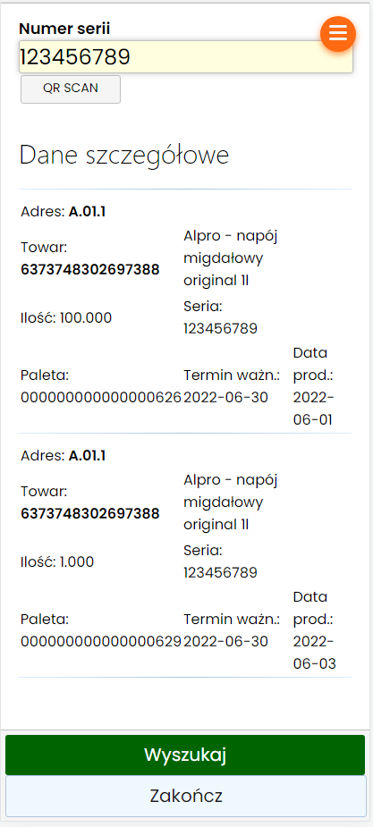 Stan dla numeru partii produkcyjnej