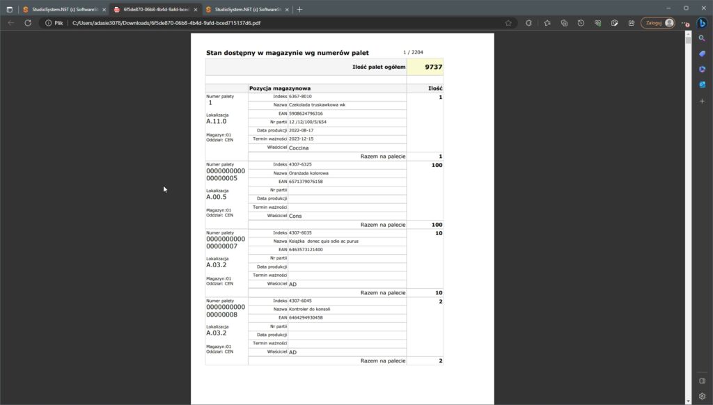 podgląd raportu stan dostępny wg numerów palet