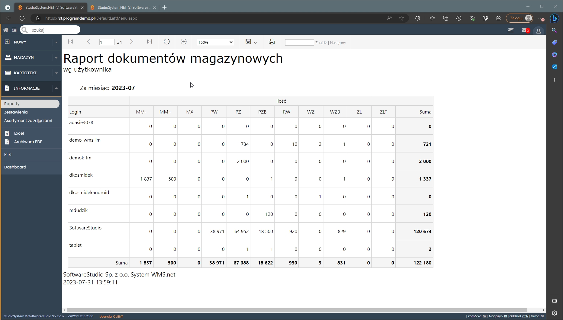 raport Statystyka bieżący miesiąc wg login