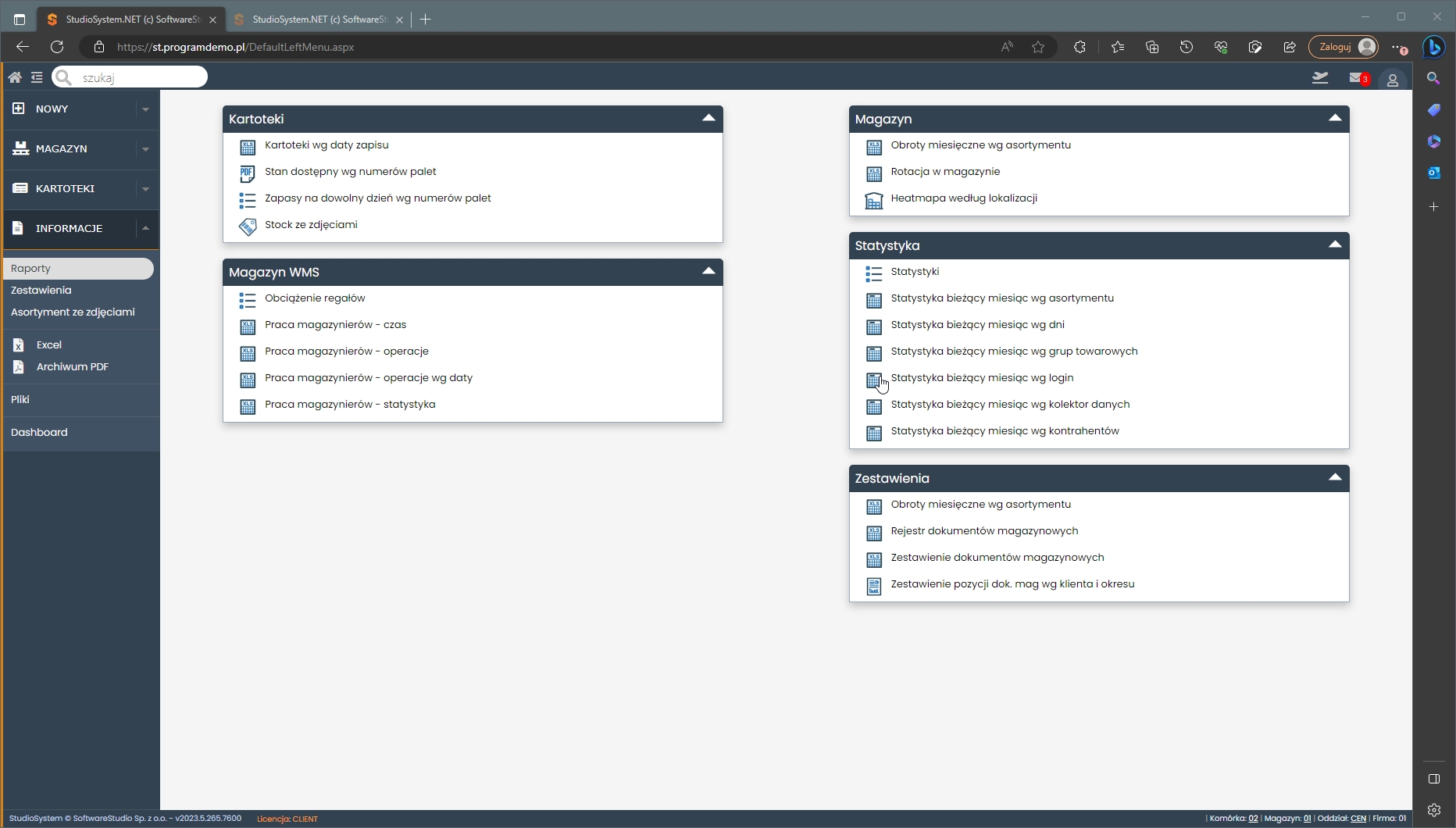 wybór pozycji menu raport Statystyka bieżący miesiąc wg login