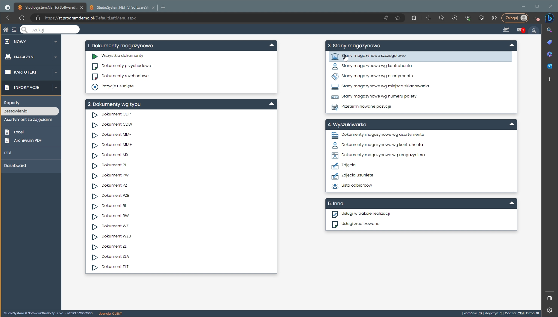 zestawienie Stany magazynowe szczegółowo