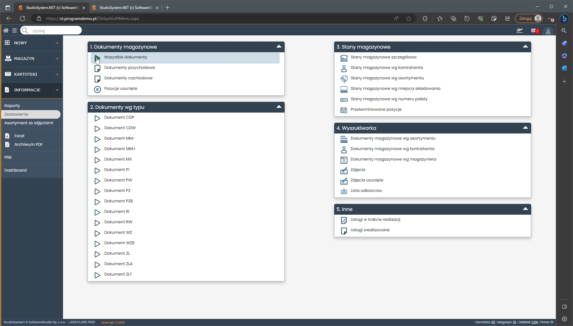 wybór pozycji menu zestawienie Wszystkie dokumenty magazynowe