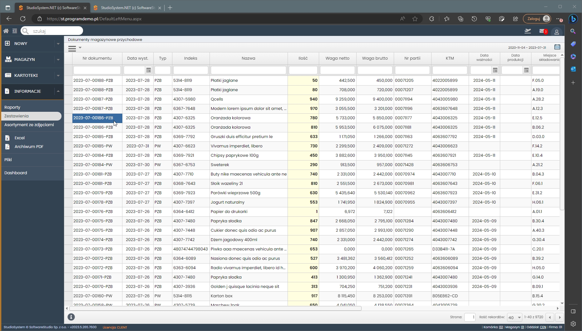 zestawienie Dokumenty przychodowe