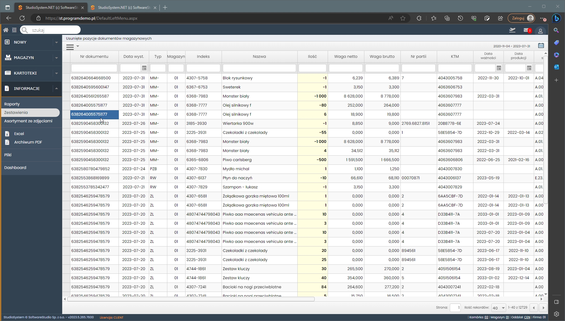 zestawienie Pozycje usunięte