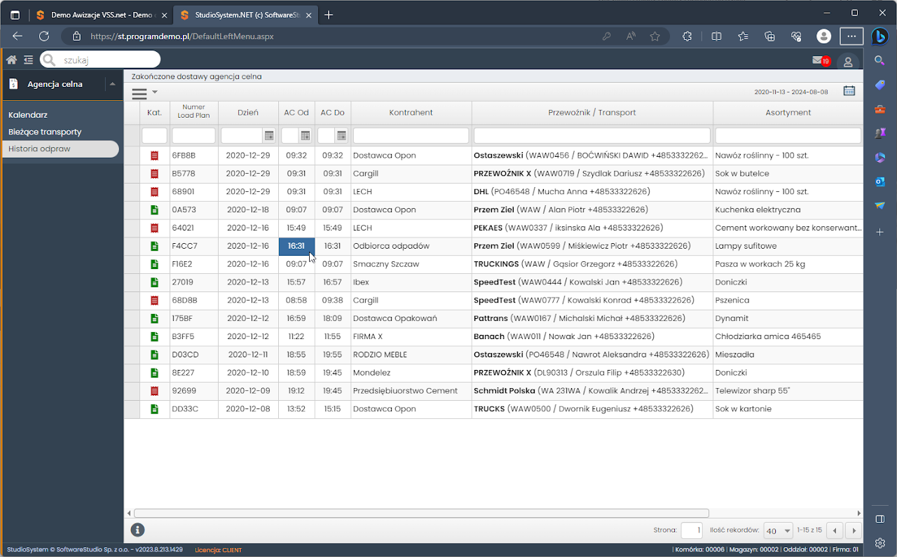 Historia odpraw celnych
