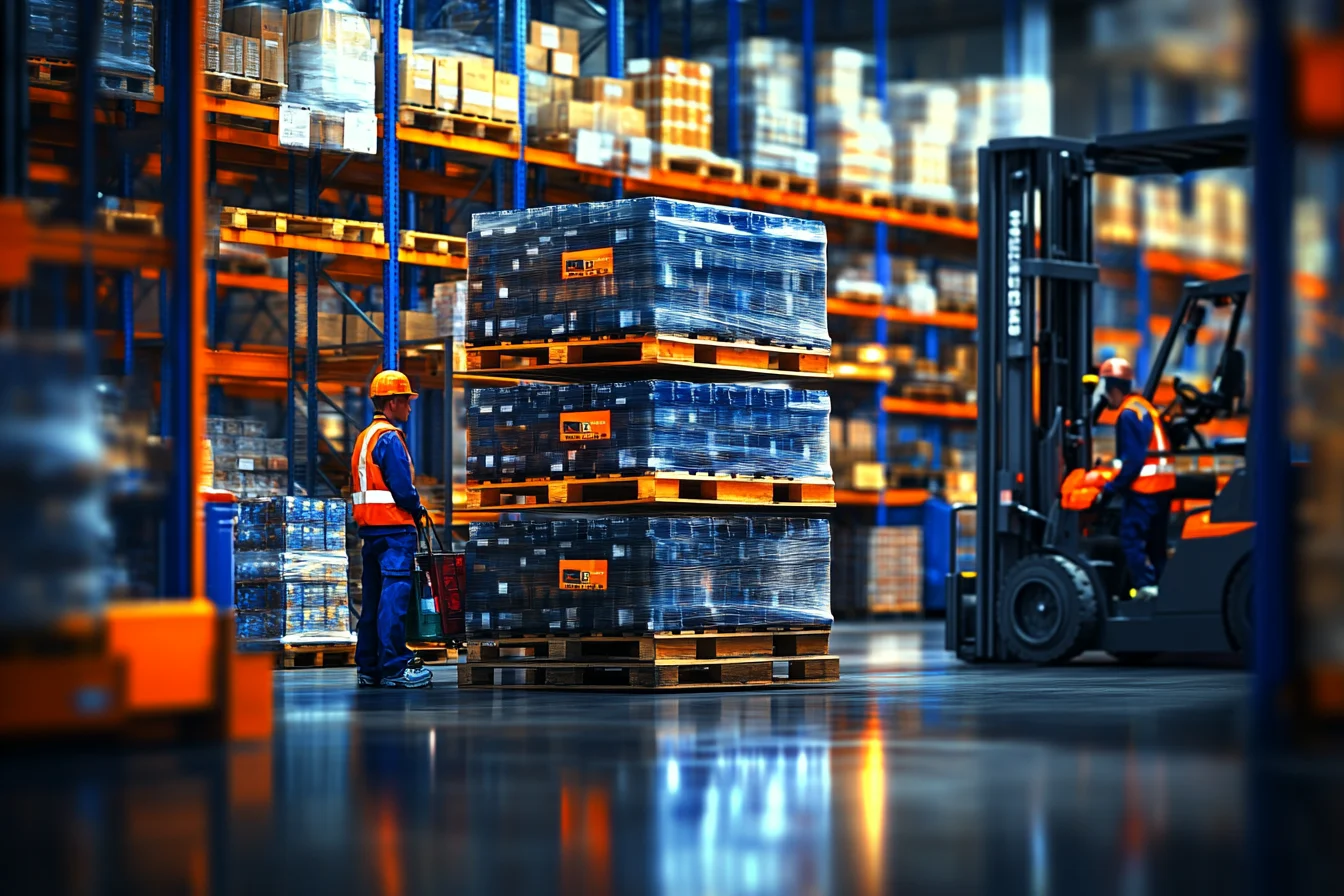 Pracownik i operator wózka widłowego obsługują palety w magazynie wysokiego składowania z oprogramowaniem WMS