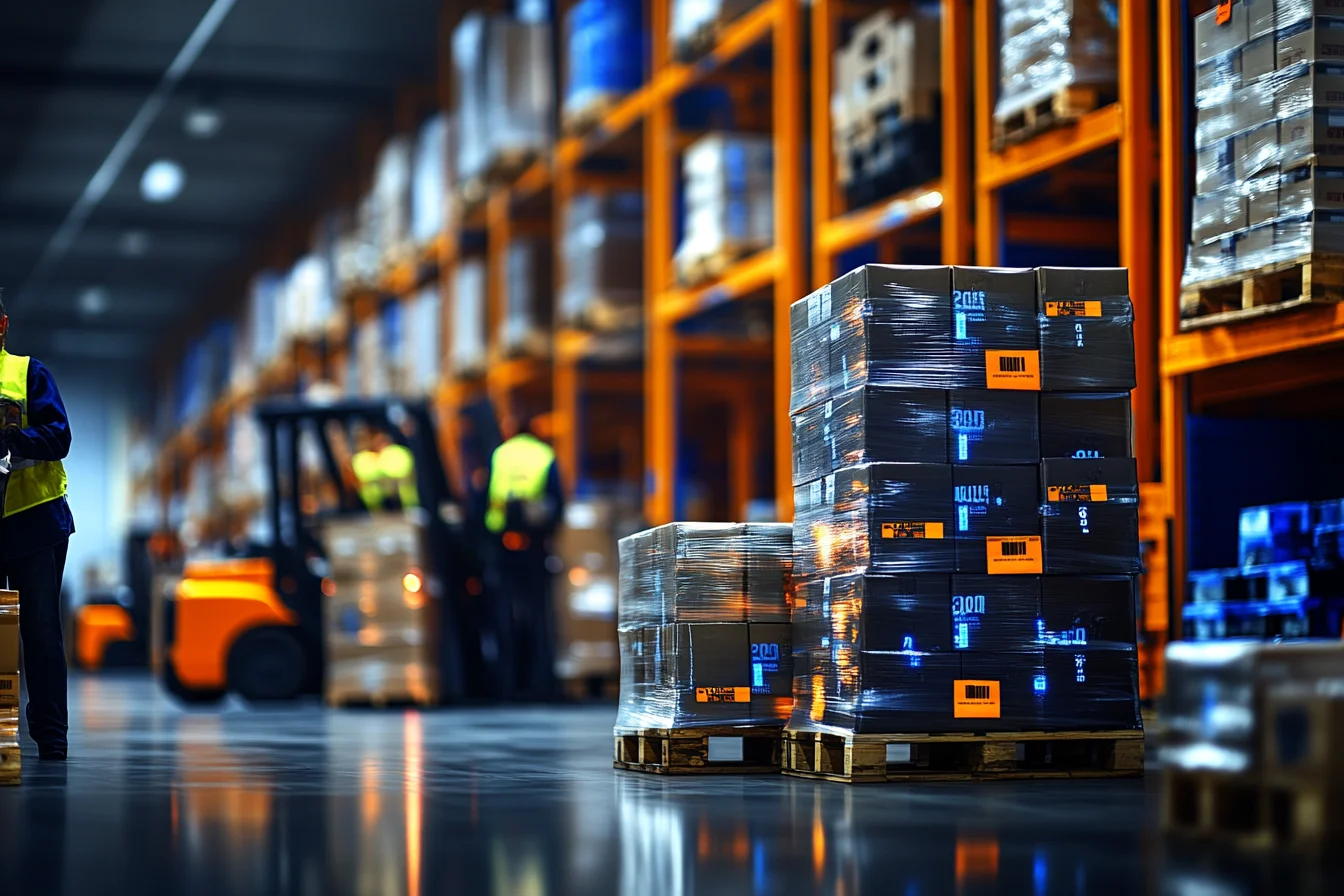 Paczki na paletach w nowoczesnym magazynie z widocznym wózkiem widłowym i regałami wysokiego składowania, obsługiwane przez system WMS od SoftwareStudio.