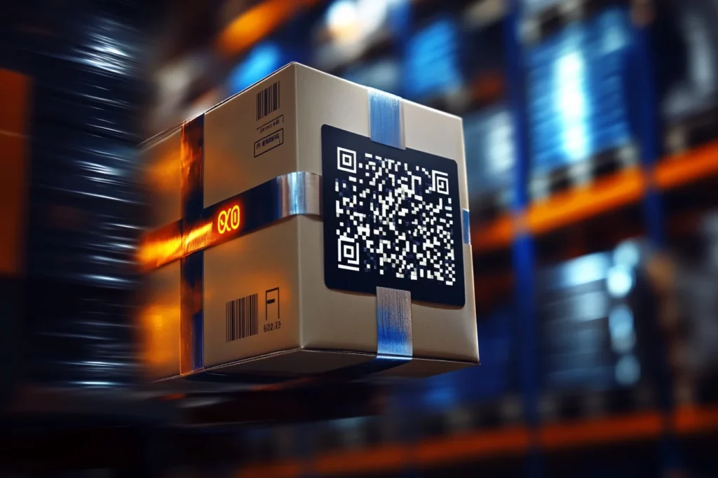 Zdjęcie przedstawia profesjonalny terminal mobilny marki Zebra z uruchomioną aplikacją Studio WMS.net, umożliwiający pracownikom magazynu szybkie skanowanie towarów i realizację operacji w terenie. Paczka z kodem QR przemieszczająca się w nowoczesnym magazynie, obsługiwana przez system Studio WMS.net.