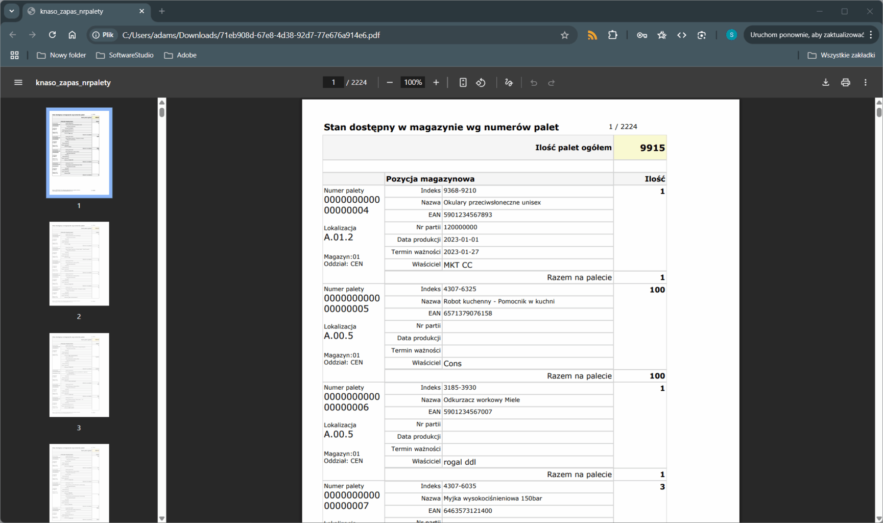 Kompleksowe zarządzanie magazynem za pomocą profesjonalnego systemu WMS. Zrzut ekranu z systemu Studio WMS.net przedstawiający raport stanów dostępnych w magazynie według numerów palet.