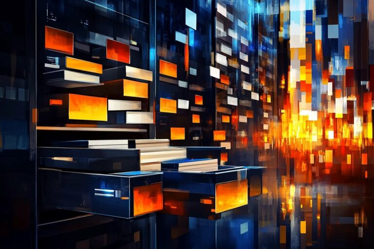 Abstrakcyjna grafika przedstawiająca chaos w papierowej dokumentacji magazynowej i wysuwające się szuflady biurowe w ciemnej kolorystyce z pomarańczowymi akcentami.