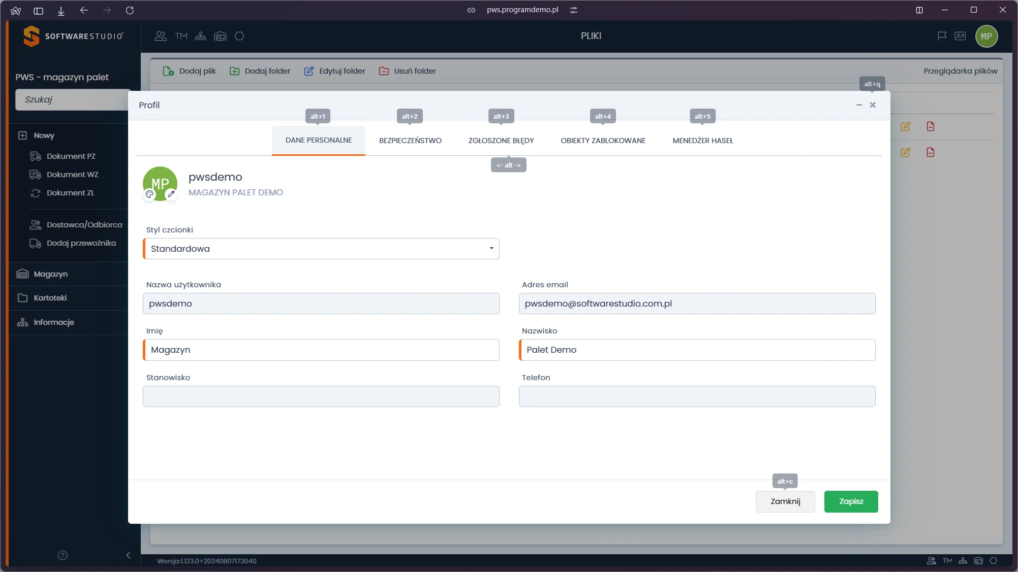 Okno edycji profilu użytkownika w systemie do zarządzania gospodarką opakowaniami i paletami Studio PWS.net od SoftwareStudio. Profil użytkownika w oprogramowaniu Studio PWS.net