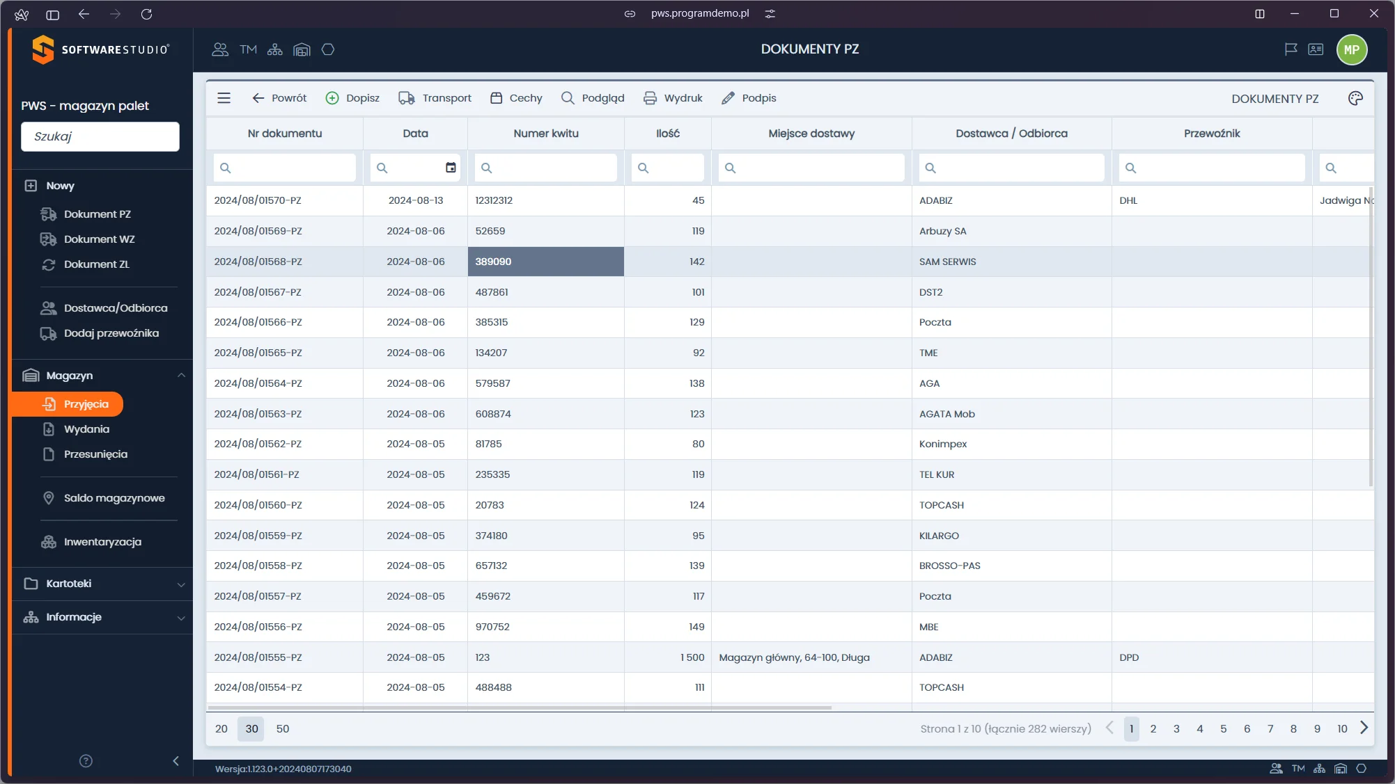 Interfejs oprogramowania Studio PWS.net wyświetlający tabelę dokumentów przyjęć zewnętrznych (PZ) w systemie do zarządzania gospodarką paletową. Studio PWS.net – Ewidencja dokumentów PZ