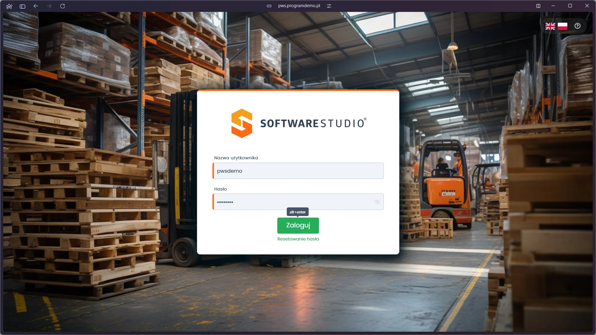 Ekran logowania do systemu Studio PWS.net od SoftwareStudio służącego do zarządzania gospodarką opakowaniami i paletami w magazynie. Logowanie do systemu Studio PWS.net – gospodarka paletowa