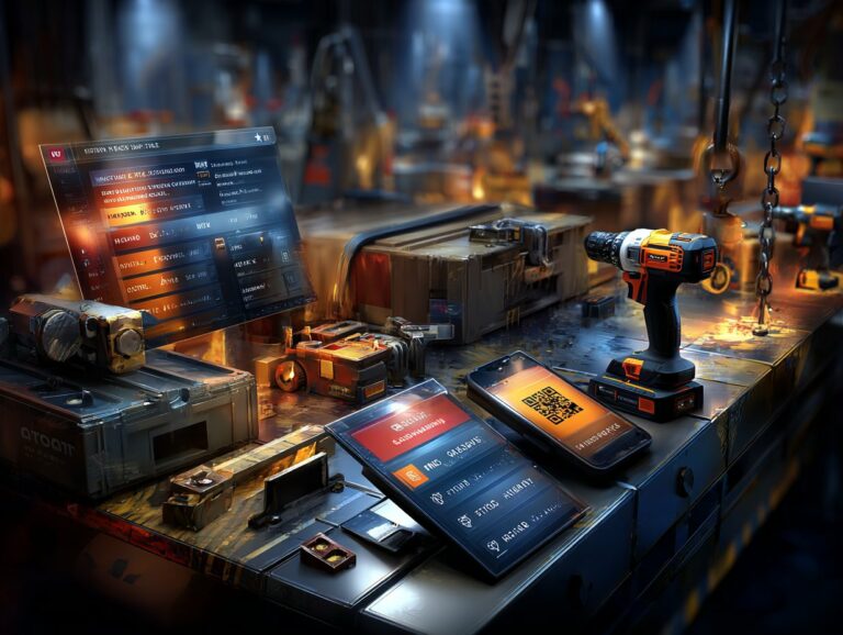 Artystyczna grafika przedstawiająca smartfon z wyświetlonymi danymi analitycznymi, z którego wyrasta miniaturowy, trójwymiarowy model placu budowy z żurawiami wieżowymi i maszynami w industrialnej scenerii.