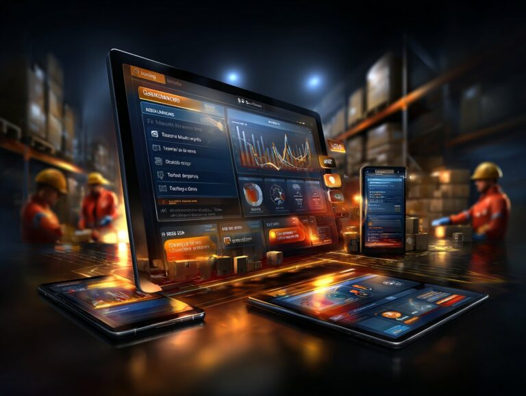 Nowoczesne urządzenia mobilne z systemem Studio WMS.net wyświetlające wykresy i dane logistyczne w tle hali magazynowej.