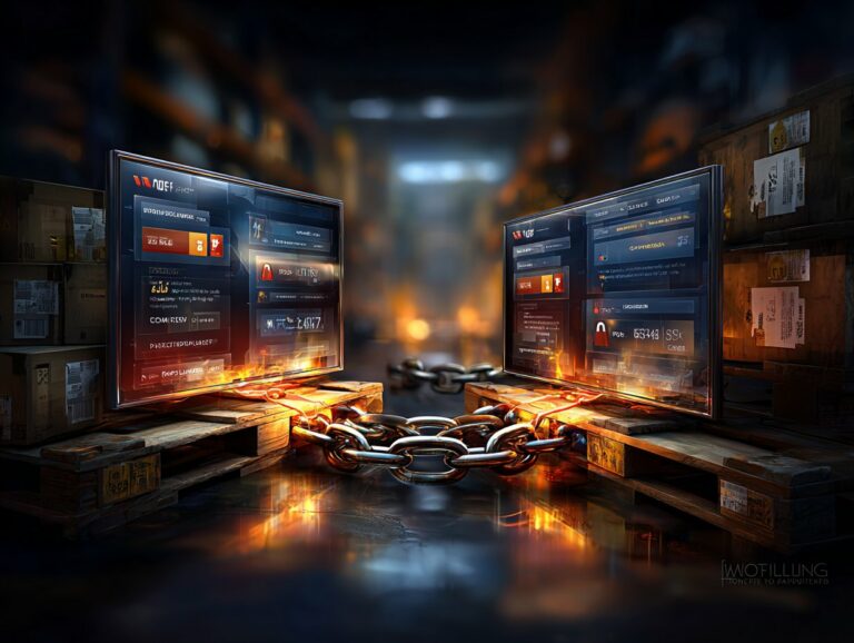 Dwa monitory wyświetlające interfejs systemu WMS umieszczone na paletach w magazynie i połączone stalowym łańcuchem w świetle ognia.