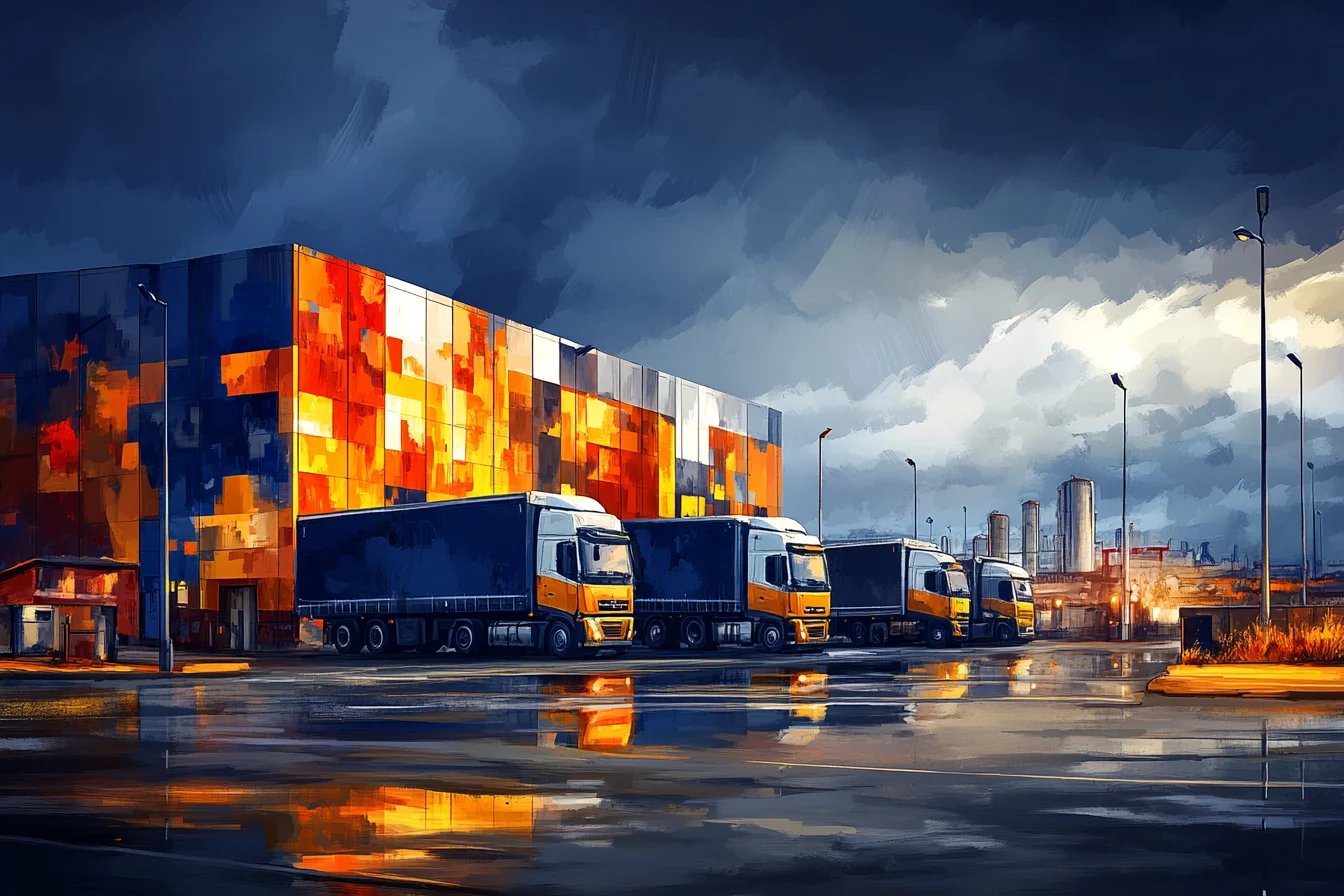 Malarska ilustracja przedstawiająca rząd nowoczesnych ciężarówek zaparkowanych pod kolorową elewacją magazynu na tle dynamicznego, pochmurnego nieba, z odbiciami świateł na mokrej nawierzchni.
