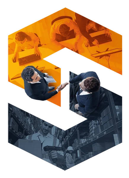 Pracownicy biurowi i magazynierzy wpisani w logotyp SoftwareStudio, symbolizujący integrację systemów WMS i VSS.