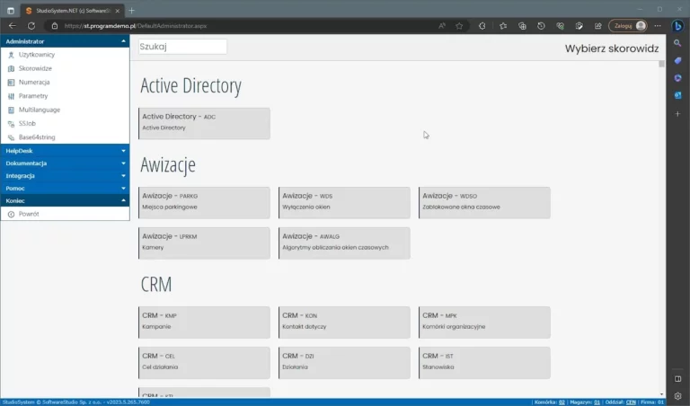 Panel administracyjny platformy StudioSystem St z modułami Active Directory, Awizacje oraz CRM w przeglądarce.