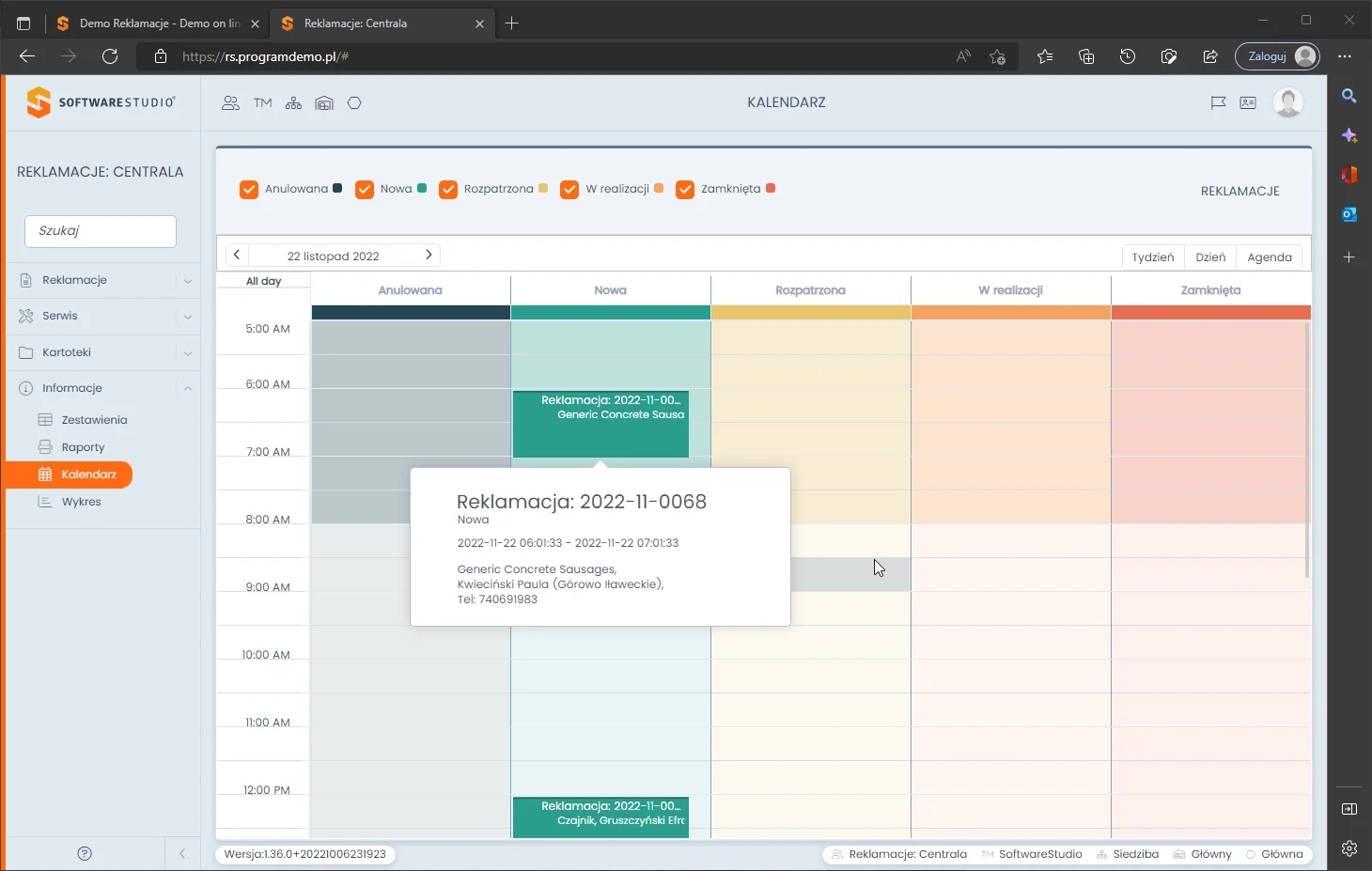 Widok kalendarza reklamacji w oprogramowaniu Studio RMA.net od SoftwareStudio Kalendarz zgłoszeń reklamacyjnych w systemie Studio RMA.net z widokiem statusów spraw