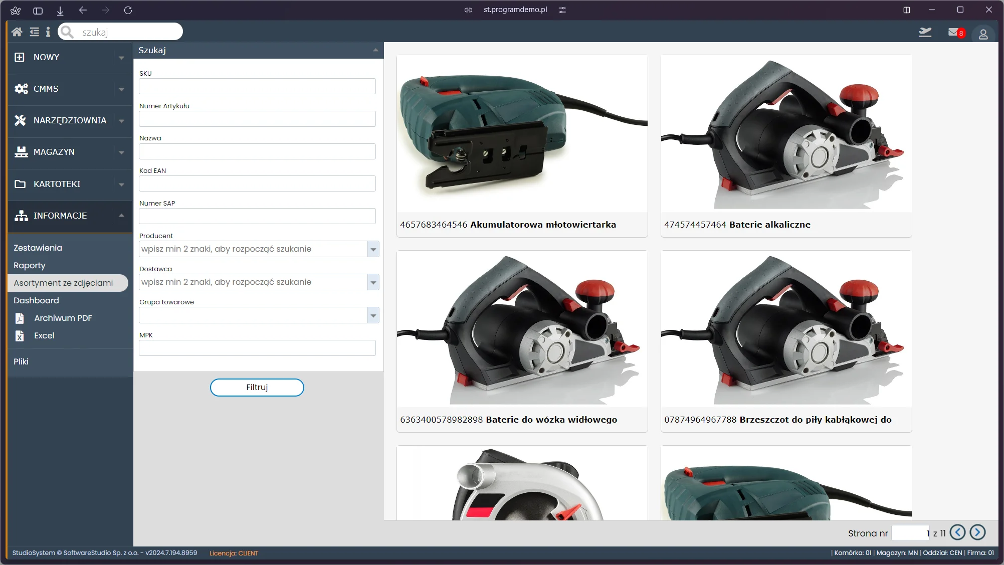 Moduł narzędziowni w Studio TCS.net - przegląd katalogu narzędzi z filtrami SKU i grupy towarowej Interfejs oprogramowania Studio TCS.net do zarządzania narzędziownią z wyszukiwarką i widokiem katalogu elektronarzędzi