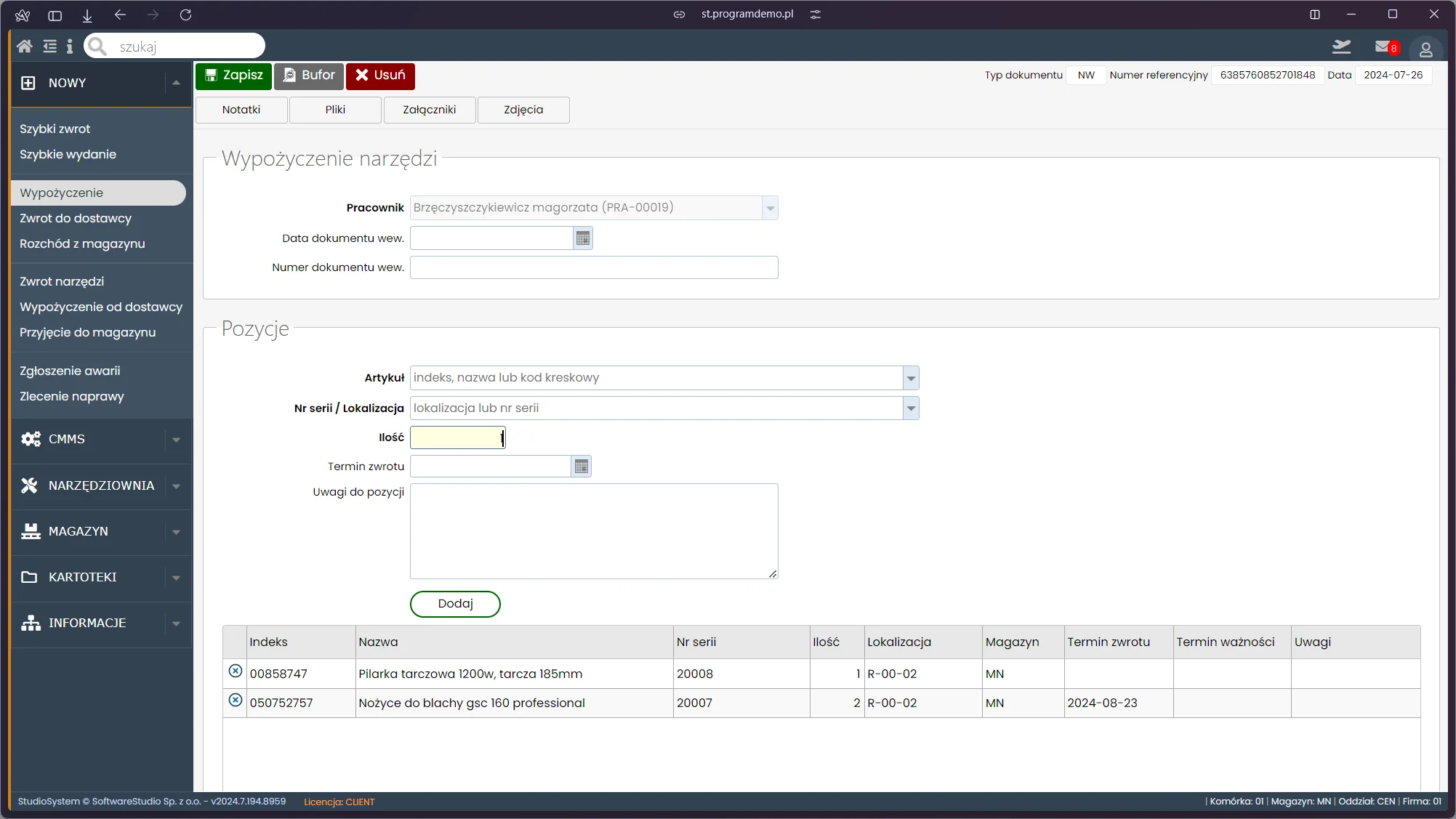 System do ewidencji narzędzi Studio TCS.net - moduł wypożyczalni Interfejs modułu Wypożyczalnia narzędzi w programie Studio TCS.net do zarządzania narzędziownią i utrzymaniem ruchu.