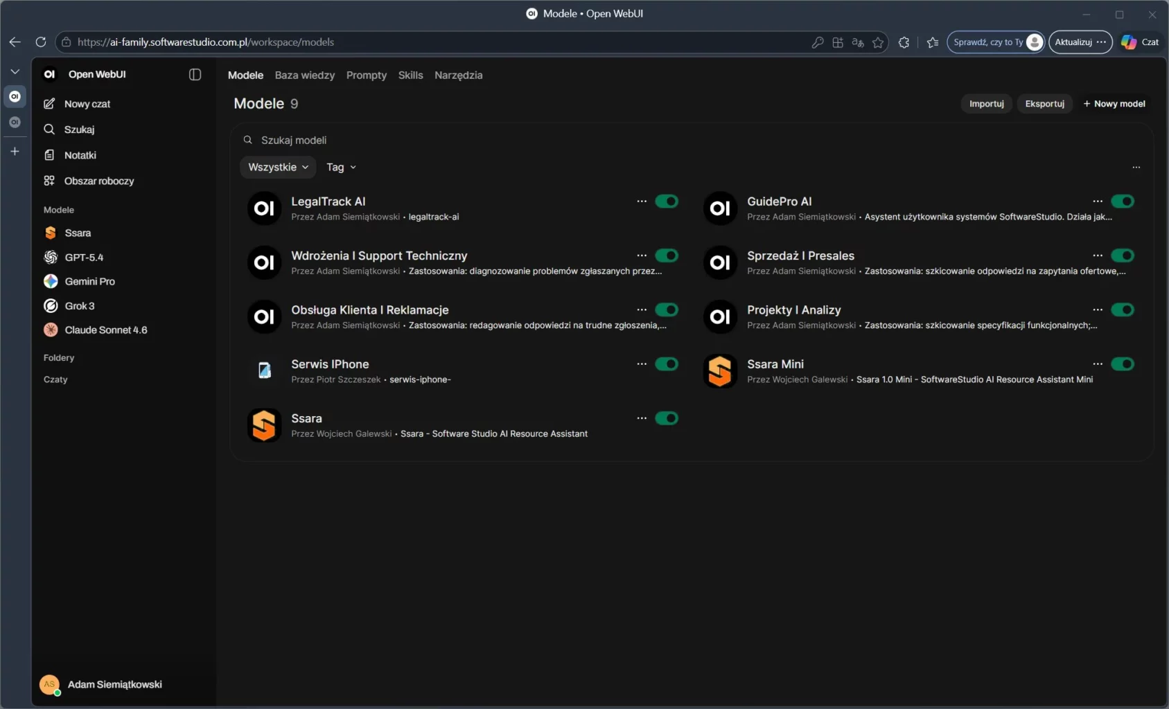 Panel Open WebUI prezentujący dostępne modele sztucznej inteligencji z grupy SoftwareStudio AI Family.
