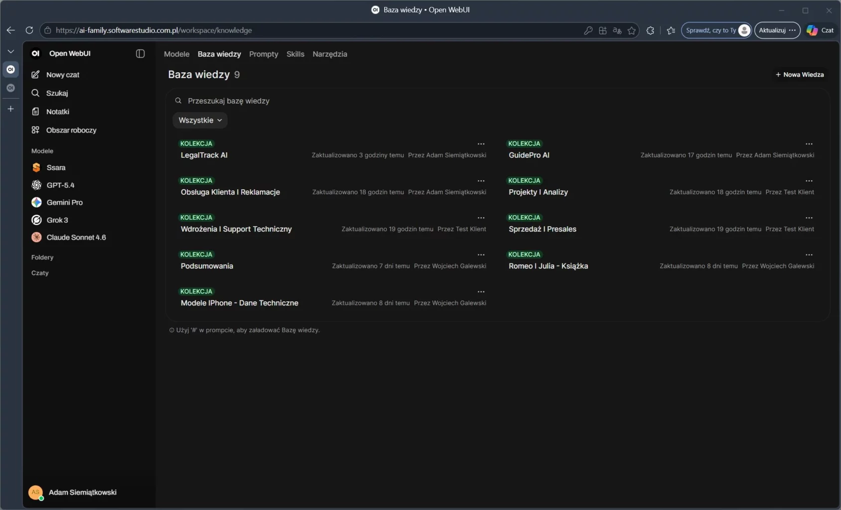 Panel Baza wiedzy w systemie Open WebUI z rozwiązaniami z grupy SoftwareStudio AI Family.