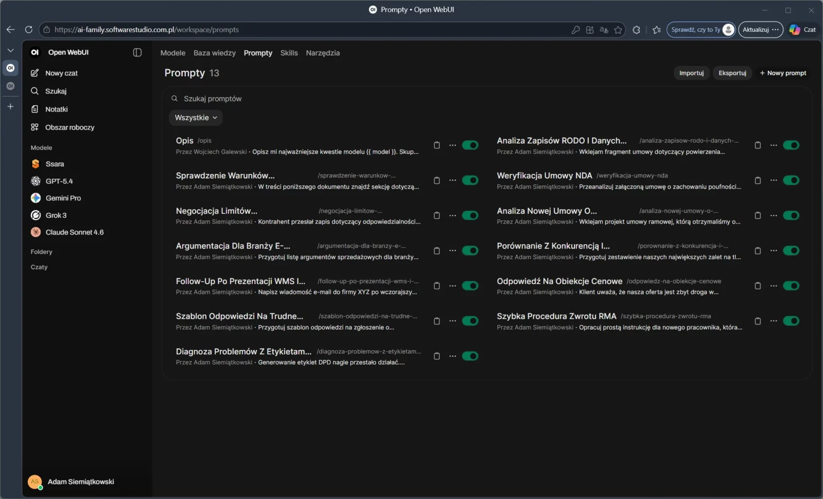 Interfejs platformy Open WebUI z listą promptów AI w ramach rozwiązań SoftwareStudio AI Family.