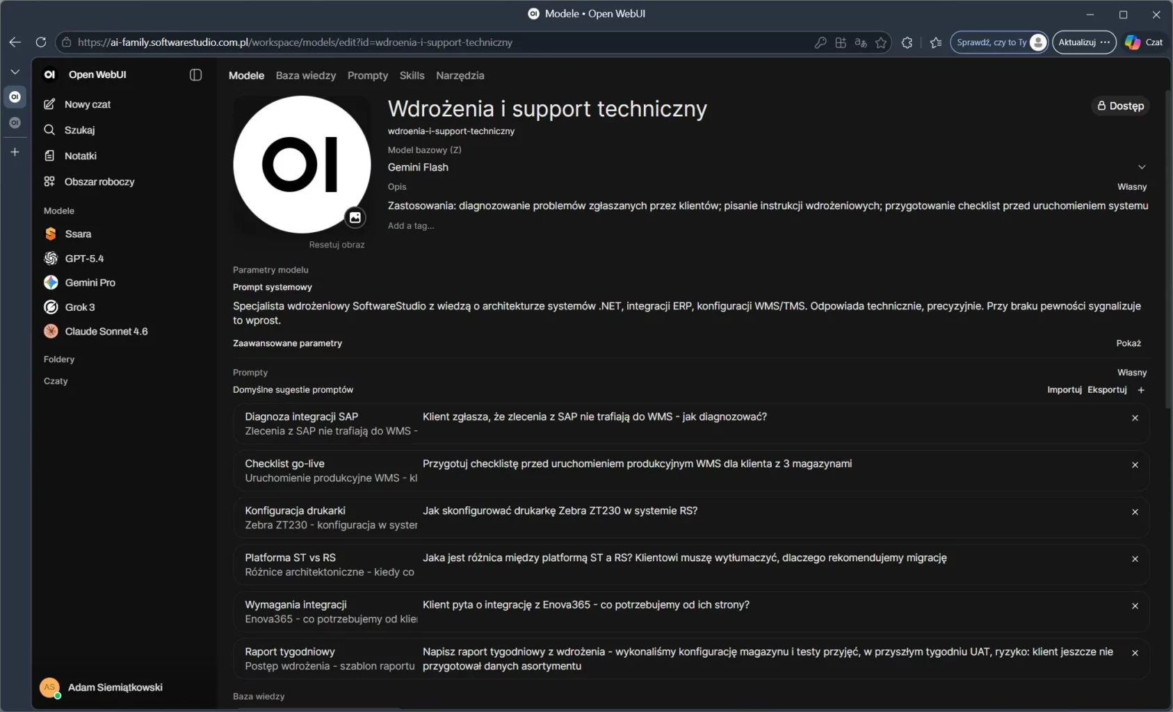Interfejs Open WebUI prezentujący konfigurację modelu AI Gemini Flash do wdrożeń i wsparcia technicznego SoftwareStudio.