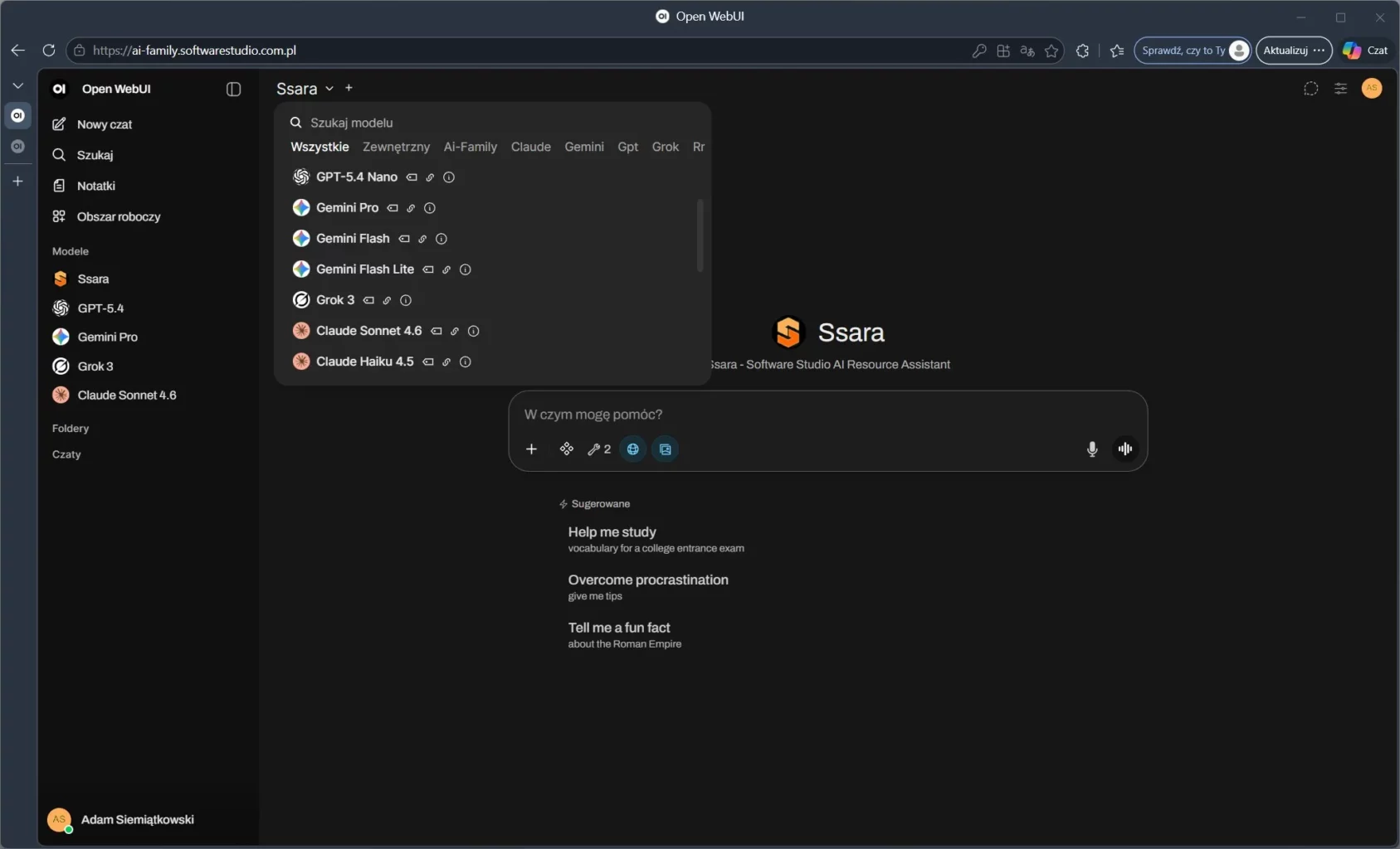 Interfejs Open WebUI oprogramowania Ssara z listy rozwiązań SoftwareStudio AI Family z wyborem modeli językowych.