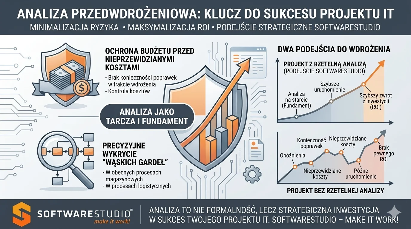 Infografika SoftwareStudio przedstawiająca korzyści analizy przedwdrożeniowej w projektach IT i minimalizację ryzyka.