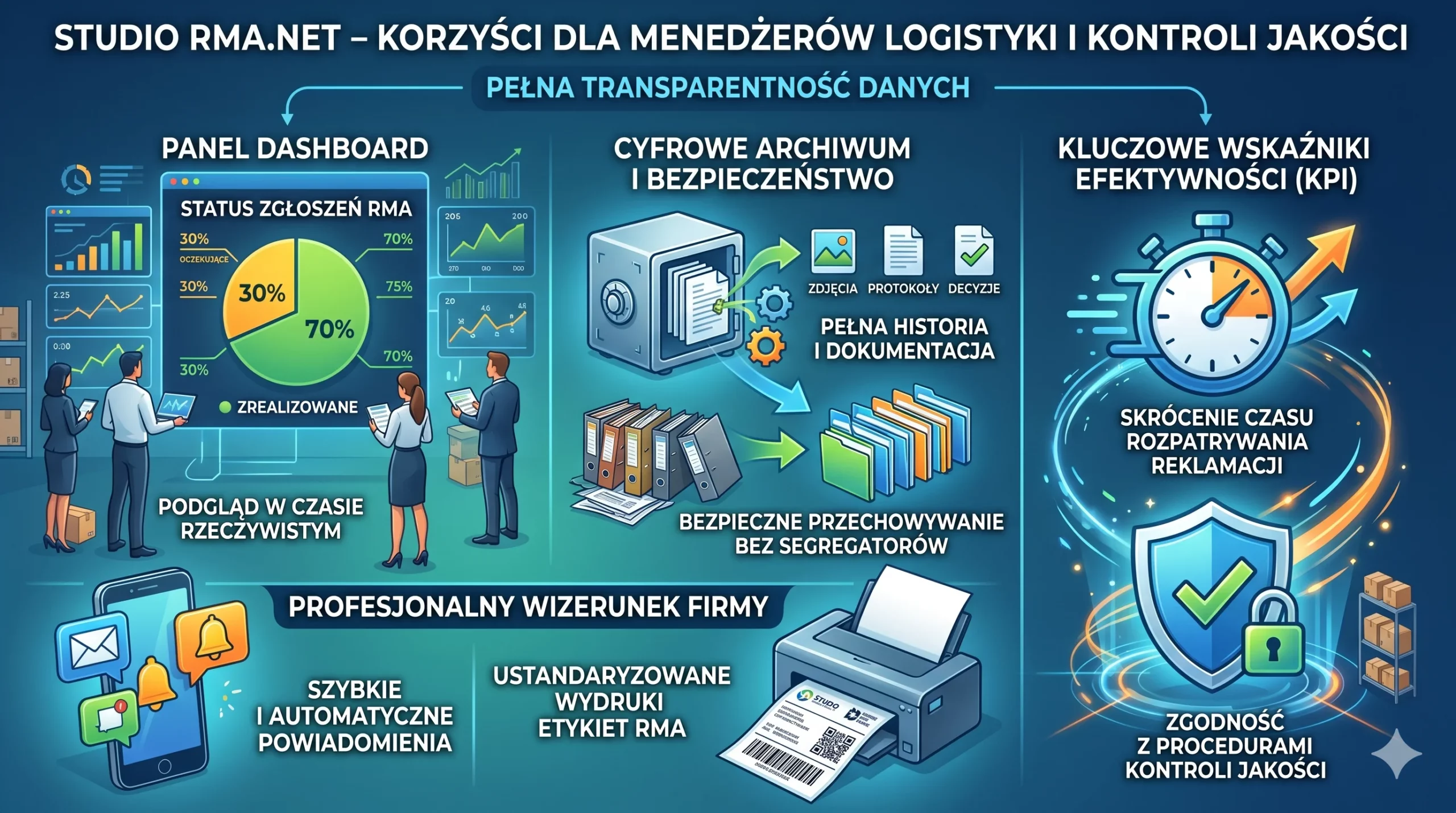 Infografika prezentująca korzyści systemu Studio RMA.net dla menedżerów logistyki oraz działów kontroli jakości.